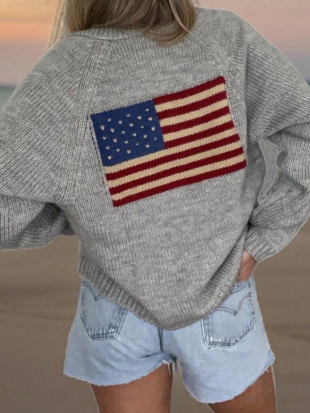 Light Grey Casual Women's Open Front Cardigan with American Flag Print - Picture 3 of 3